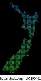 Dotted gradient New Zealand Map. Vector territorial map in green and blue gradiented color tones on a black background. Vector pattern of New Zealand Map done of contour spheres.