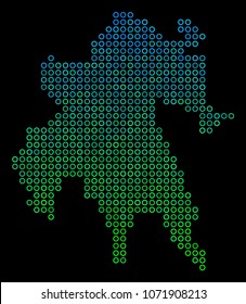 Dotted gradient Peloponnese Half-Island Map. Vector territory map in green and blue gradiented color variations on a black background. Vector mosaic of Peloponnese Half-Island Map made of sphere dots.
