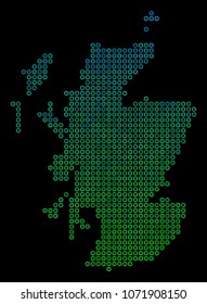 Dotted gradient Scotland Map. Vector geographical map in green and blue gradiented color hues on a black background. Vector pattern of Scotland Map combined of circle blots.