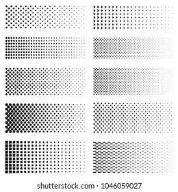 Dotted gradient set. Vector fading circle dots textures and black halftone moire patterns on white