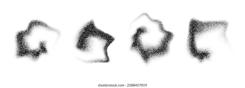 Dotted gradient smoky shapes. Grainy fluid spots and stains. Black stippled flowing dust set. Noise splashes and splatters forms. Dissolve sand particles texture. Vector fading halfton elements