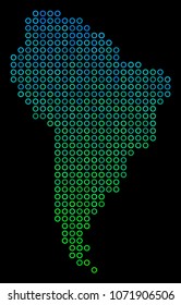 Dotted gradient South America Map. Vector territory map in green and blue gradiented color hues on a black background. Vector composition of South America Map made of circle spots.