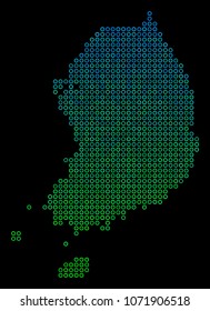 Dotted gradient South Korea Map. Vector geographical map in green and blue gradiented color hues on a black background. Vector collage of South Korea Map composed of small spheres.