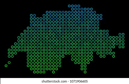 Dotted gradient Swissland Map. Vector geographic map in green and blue gradiented color tinges on a black background. Vector mosaic of Swissland Map combined of circle spots.