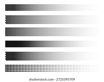 Conjunto de líneas de semitono texturizado con degradado punteado. Vector abstracto grunge pinceles, Elementos de diseño