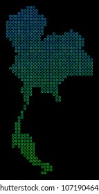 Dotted gradient Thailand Map. Vector territory map in green and blue gradiented color shades on a black background. Vector composition of Thailand Map organized of empty circles.