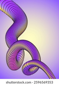 Dotted gradient tube twisting and curving on a light purple and yellow gradient background. Abstract background.