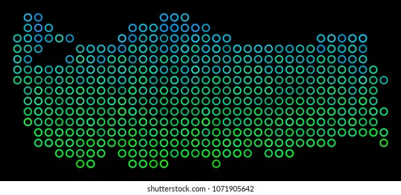 Dotted gradient Turkey Map. Vector geographical map in green and blue gradiented color variations on a black background. Vector composition of Turkey Map done of sphere elements.