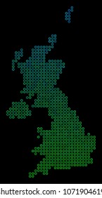 Dotted gradient United Kingdom Map. Vector geographical map in green and blue gradiented color tints on a black background. Vector composition of United Kingdom Map designed of spheric elements.