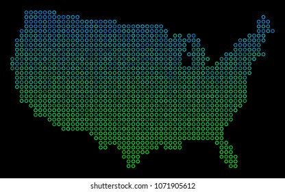 Dotted gradient USA Map. Vector geographical map in green and blue gradiented color shades on a black background. Vector collage of USA Map combined of circle items.