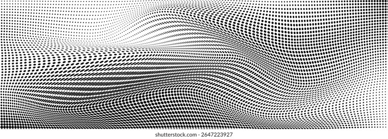 Ilustración vectorial de degradado punteado, fondo de semitono blanco y negro, líneas punteadas Horizontales sin costuras, telón de fondo de textura de puntos monocromáticos, efecto retro. moderno	