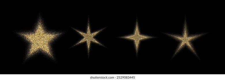 Dotted grain golden stars. Halftone gold gradient sparkles, gold dust in star shape. Stippled flares vector set. Christmas or New year design elements