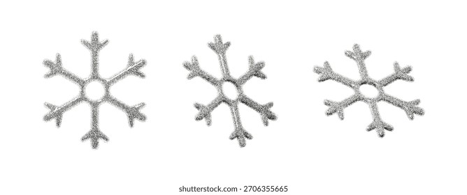 Copos de nieve de gradiente de grano punteado. Símbolos de invierno con textura punteada de arena ruidosa. Copos de nieve arenosos de Vector con partículas negras y efecto punteado para Anuncio, póster, diseño de portada.
