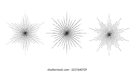 Dotted grain star with beams set. Black stippled ray sparkle and flare collection. Various noise textured asterisks. Different halftone dot work stellar forms and burst explosion. Vector sparks. 