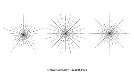 Dotted grain star with beams set. Black stippled ray sparkle and flare collection. Various noise textured asterisks. Different halftone dot work stellar forms and burst explosion. Vector sparks. 