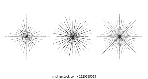 Estrella de grano con vigas. Colección de destello y bengala de rayas negras. Varios asteriscos texturados con ruido. Diferentes puntos de semitono trabajan formas estelares y explosión de ráfagas. El vector chispa. 