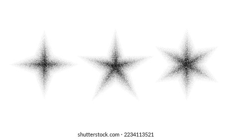 Dotted grain star set. Black noise texture asterisks collection. Black stippled flares. Halftone sparkles. Vector 