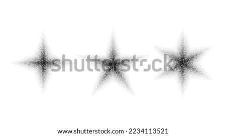 Dotted grain star set. Black noise texture asterisks collection. Black stippled flares. Halftone sparkles. Vector 