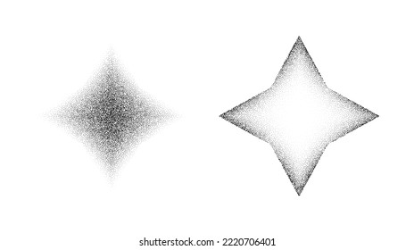 Dotted grain star shapes. Black stipple diamonds. Abstract noise texture rhombus. Halftone flare form. Vector stochastic