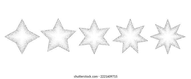 Dotted grain stars set. Black stippled shapes collection. Various noise textured asterisks. Different halftone dot work stellar forms. Vector stochastic