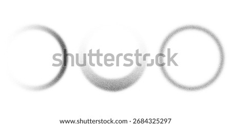 Dotted grainy circles. Vector stipple gradient texture Dusty grunge rounds with fade effect. Circular sandy eclipse on white background. Radial blurred abstract frames
