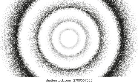 Fondo de círculo concéntrico gradiente con puntos. Vector gradiente circular punteado arenoso blanco y negro con ilusión óptica. Portal o visualización de Big Data con un patrón arenoso hecho por puntos.
