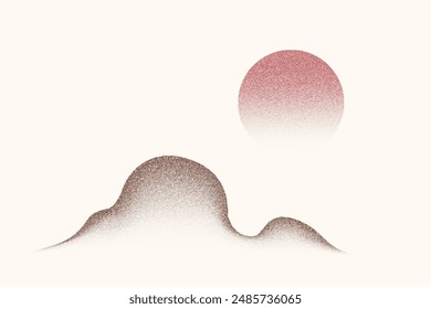 Dotted grainy gradient mountains and sun. Stipple vector effect with dust texture. Solar eclipse in desert. Night landscape with moon. Fade grunge background. Vintage retro design.