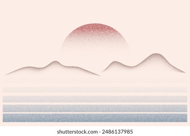 Dotted grainy gradient mountains and sun. Stipple vector effect with dust texture. Solar eclipse in desert. Night landscape with moon. Fade grunge background. Vintage retro design.