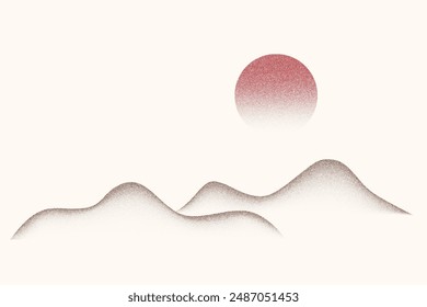 Dotted grainy gradient mountains and sun. Stipple vector effect with dust texture. Solar eclipse in desert. Night landscape with moon. Fade grunge background. Vintage retro design.