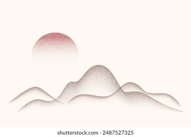 Gepunktete körnige Gradienten Berge und Sonne. Effekt der gestreiften Vektorgrafik mit Staubstruktur. Sonnenfinsternis in der Wüste. Nachtlandschaft mit Mond. Verblassen Grunge Hintergrund. Klassisches Retro-Design.