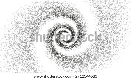 A dotted grainy gradient spiral flow. Vector gritty vortex with optical illusion. Tunnel with black stipple texture effect. Swirl of gritty pattern made by black dots or particles with stipple effect.