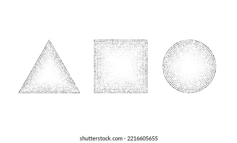 Dotted grainy shapes set. Stippled square, circle and triangle with gradient. Grain noise geometric forms. Stochastic dot work collection. 