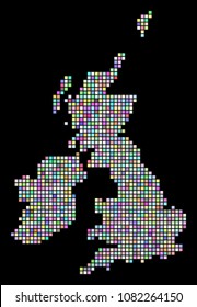 Dotted Great Britain And Ireland Map. Vector geographic map in variable colors on a black background. Vector mosaic of Great Britain And Ireland Map made with regular dots.