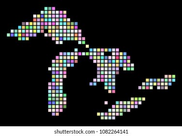 Dotted Great Lakes Map. Vector geographic map in variable colors on a black background. Vector collage of Great Lakes Map formed with regular dots.