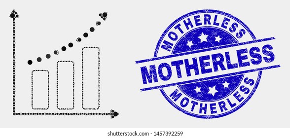 Dotted growing chart mosaic icon and Motherless seal. Blue vector rounded textured seal stamp with Motherless message. Vector collage in flat style. Black isolated growing chart mosaic of random dots,