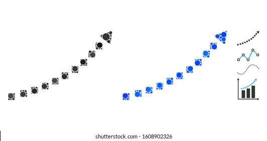 Dotted growth trend composition of round dots in different sizes and color tints, based on dotted growth trend icon. Vector round dots are united into blue composition.