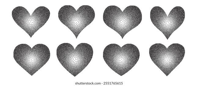 Dotted grungy vector heart shapes. Minimalist stipple heart vector set with dotwork gradient photocopy effect. Perfect elements for Valentine`s Day, wedding, invitation, and more.