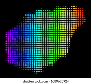 Dotted Hainan Island map. Halftone territorial plan in spectral color hues with horizontal gradient on a black background. Vector pattern of Hainan Island map made of sphere blots.