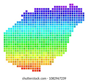 Dotted Hainan Island map. Vector territorial scheme using impressive spectrum color tints with vertical gradient. Colored vector collage of Hainan Island map designed from rectangle particles.