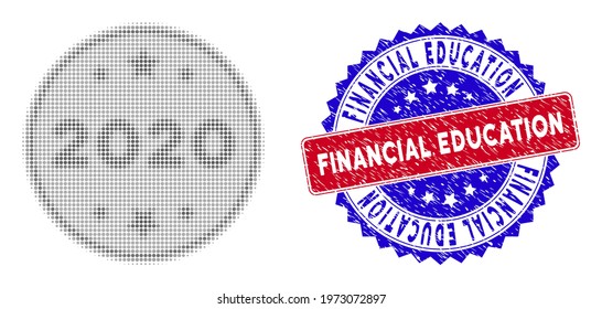 Dotted halftone 2020 silver coin icon, and Financial Education stamp seal. Financial Education seal uses bicolor rosette shape, red and blue colors.