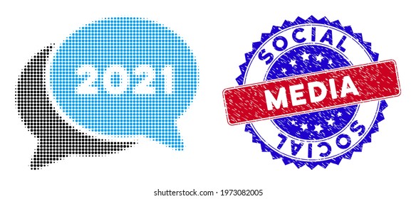 Dotted halftone 2021 chat messages icon, and Social Media unclean stamp print. Social Media stamp seal uses bicolor rosette shape, red and blue colors.