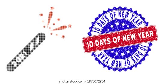 Dotted halftone 2021 firecracker icon, and 10 Days of New Year scratched stamp seal. 10 Days of New Year stamp seal uses bicolor rosette shape, red and blue colors.