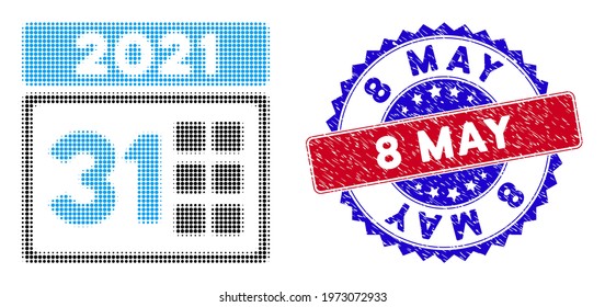 Dotted halftone 2021 last day icon, and 8 May rubber seal. 8 May stamp seal uses bicolor rosette shape, red and blue colors.
