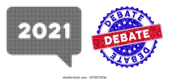 Dotted halftone 2021 message icon, and Debate textured watermark. Debate watermark uses bicolor rosette form, red and blue colors. Vector pattern of 2021 message pictogram done of round cells.