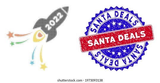 Dotted halftone 2022 fireworks rocket icon, and Santa Deals rubber stamp print. Santa Deals stamp seal uses bicolor rosette template, red and blue colors.