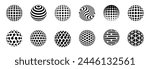 Dotted halftone 3D sphere. Striped and checkered spheres with triangle, hexagon and circle particles, halftone balls. Halftone gradient texture on globe vector orb set. Different patterns collection