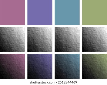 Dotted halftone 4 types color gradient texture. Repeating dots gradation pattern background. Black fading comic pop art overlay backdrop. Raster effect wallpaper. Vector halftone