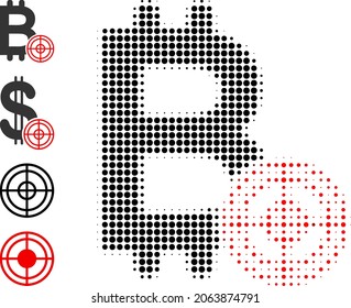 Dotted halftone bitcoin target icon, and bonus icons. Vector halftone mosaic of bitcoin target icon combined of spheric elements.