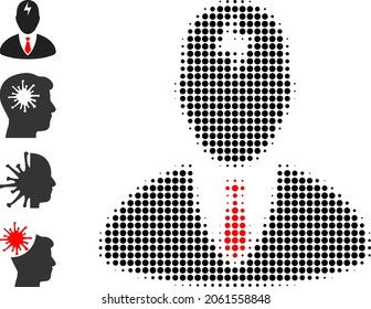 Dotted halftone boss headache icon, and additional icons. Vector halftone collage of boss headache icon done of circle elements.