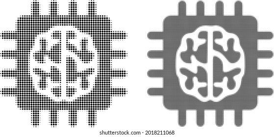 Icono de chip cerebral de semitono punteado. Patrón de semitono vectorial del pictograma de chip cerebral combinado con puntos esféricos.